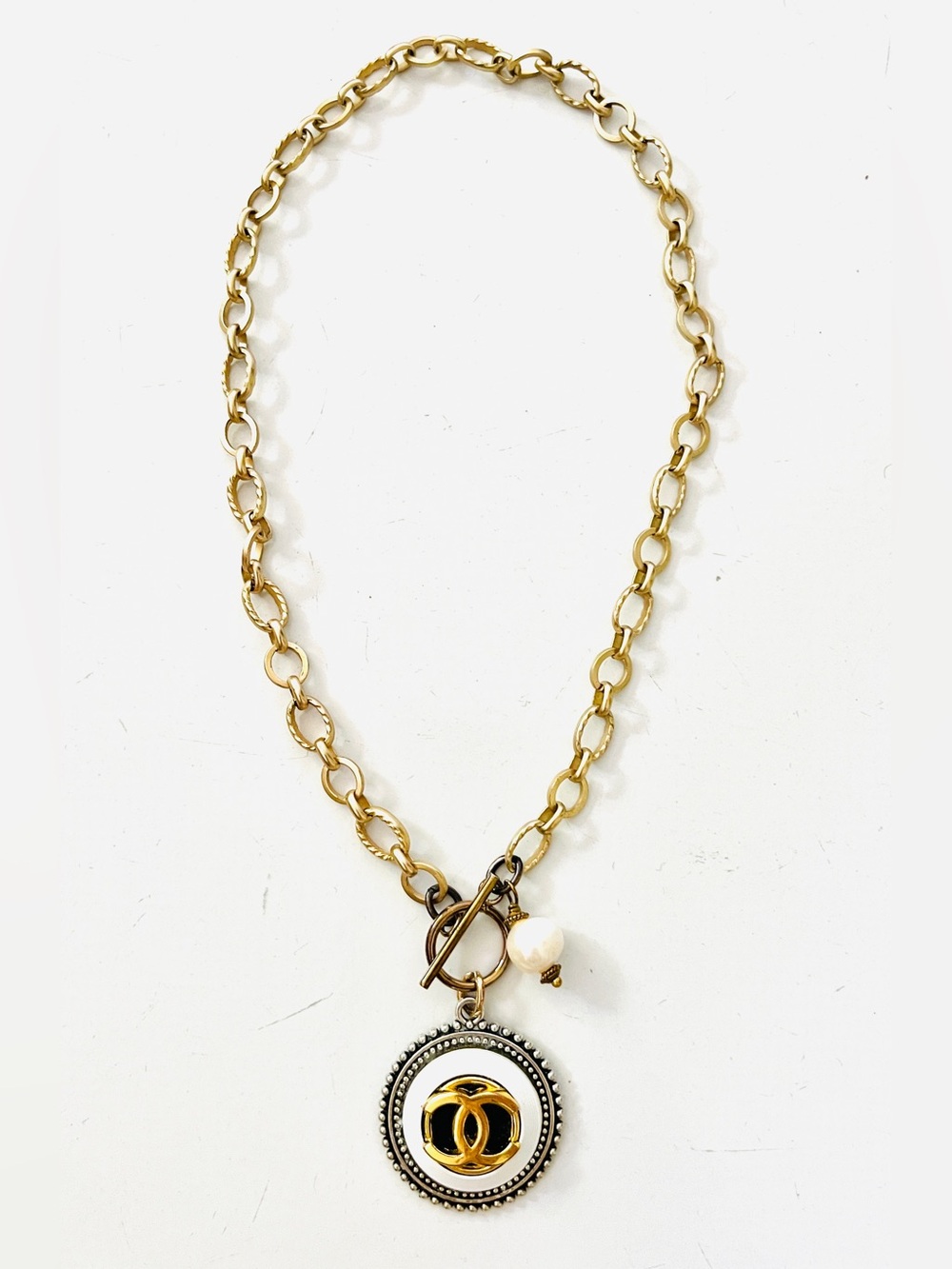 Repurposed Vintage Chanel Button Pearl Necklace 16" Front Toggle Clasp